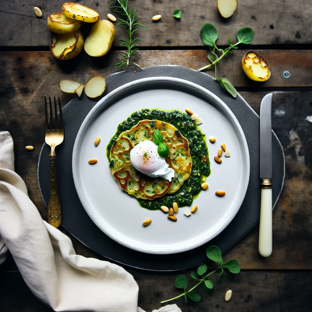 Frühstücks-Kartoffelrösti mit Feldsalat-Pesto und pochiertem Ei