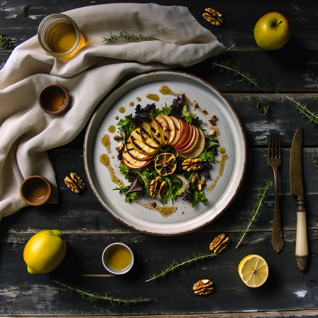 Gegrillte Apfelringe auf Feldsalatbett mit Honig-Nuss-Topping