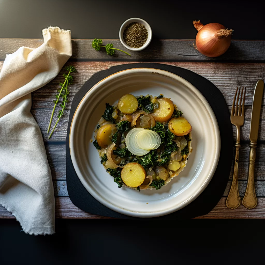 Grünkohl-Kartoffel-Auflauf mit karamellisierten Zwiebeln