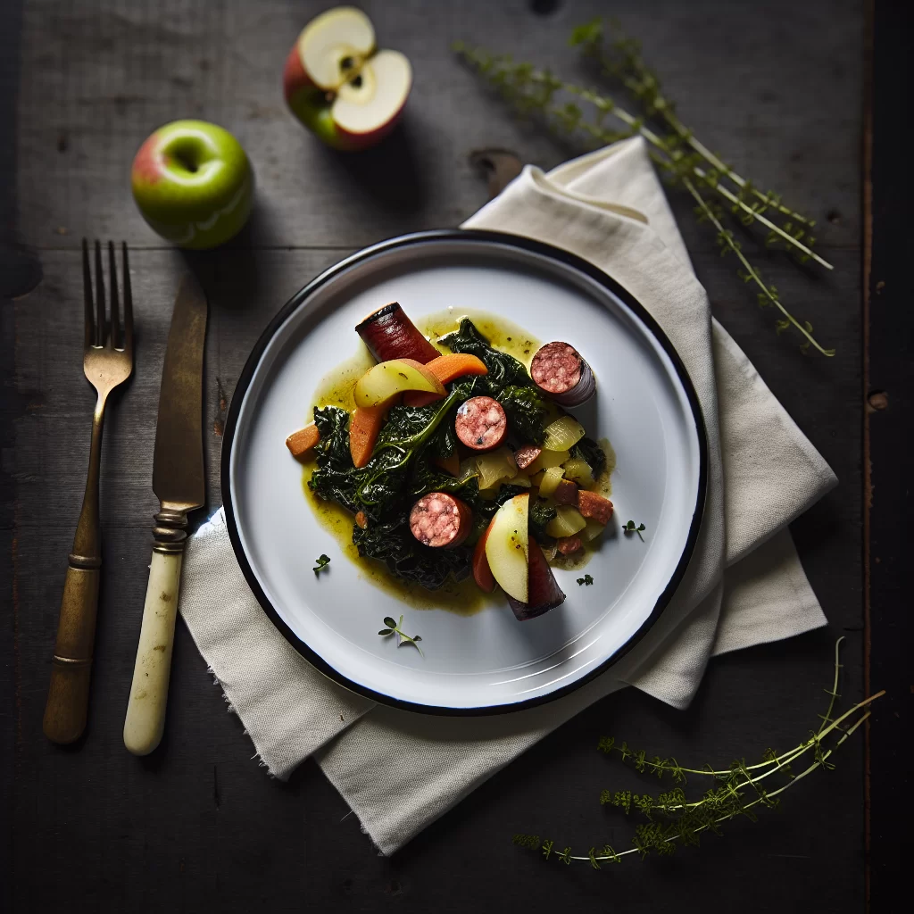 Langsam gegarter Grünkohl mit Apfel und Räucherwurst