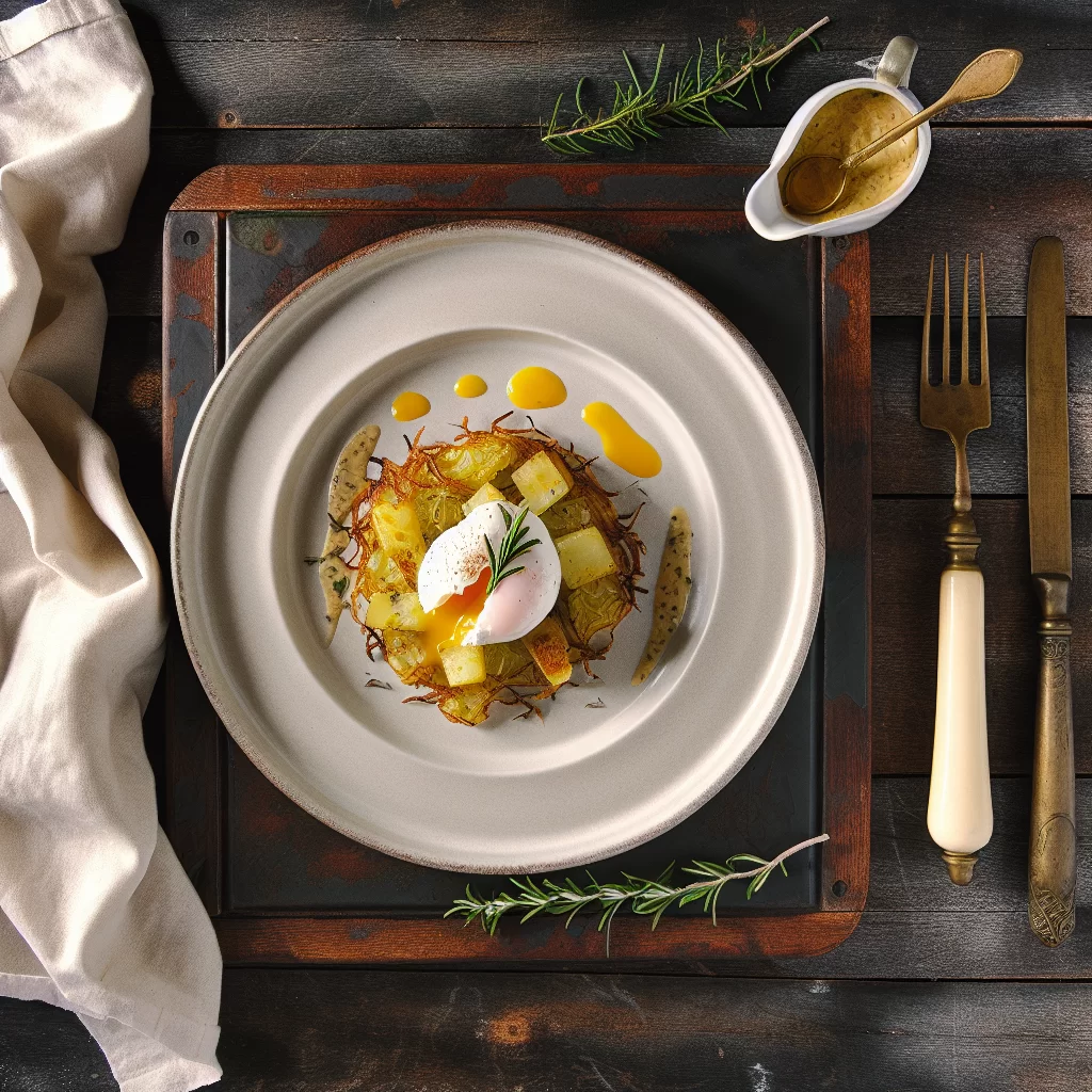 Pastinaken-Apfel-Rösti mit pochiertem Ei und Senf-Honig-Sauce