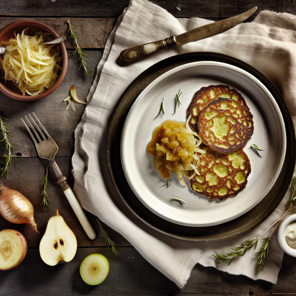 Pastinaken-Kartoffel-Pfannkuchen mit Apfel-Zwiebel-Kompott