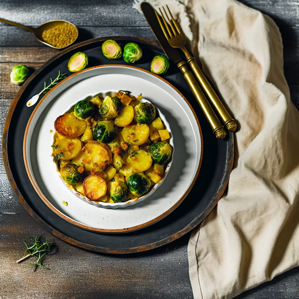 Rosenkohl-Kartoffel-Auflauf mit Apfel-Senf-Kruste