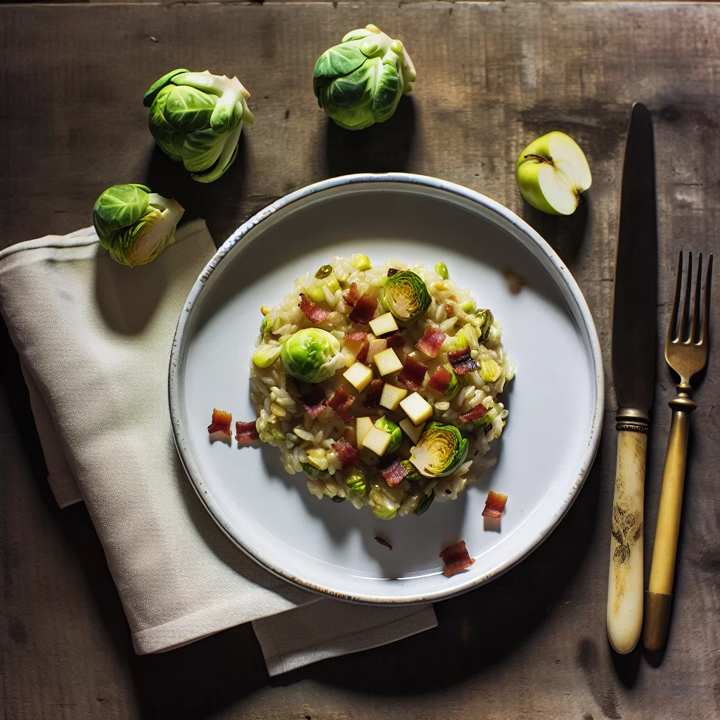 Rosenkohl-Risotto mit Apfel-Speck-Topping